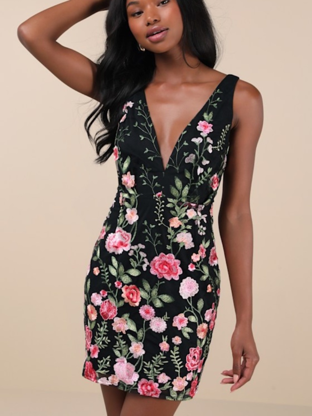Lulus Soiree Blossom Black Floral Embroidered Bodycon Mini Dress - Size L